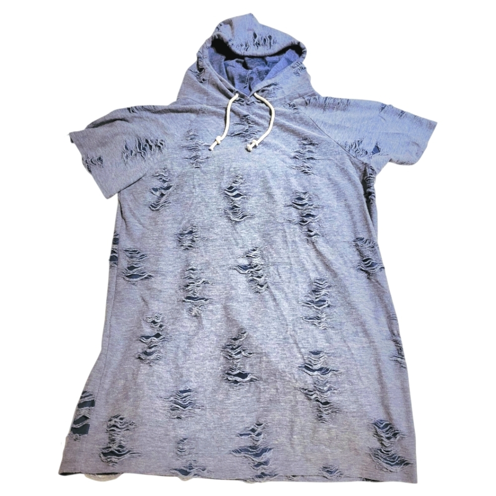 Distressed Blue Hoodie Short Sleeve Size Medium But Fits Large